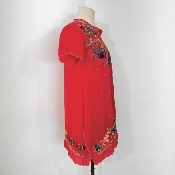 Johnny Was Mikones Embroidered Tunic Top Short Sleeve in Red/Coral Boho S - Picture 4 of 10